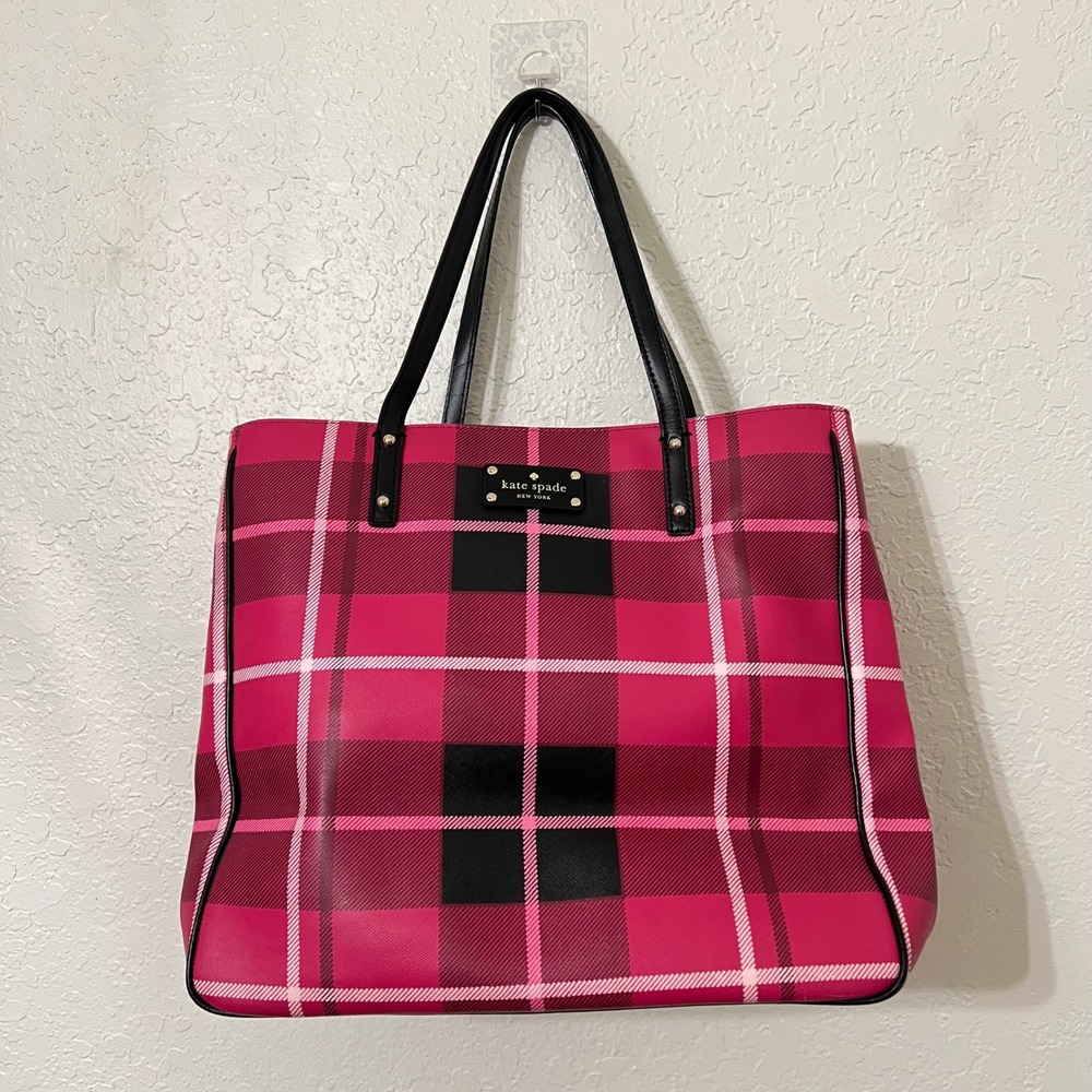 Kate Spade Ellison Avenue Pink Black Plaid Coated Canvas Tote Bag Leather Trim